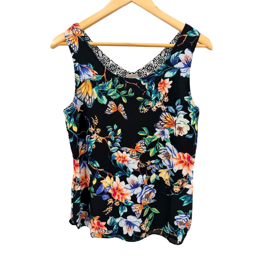 Chico's Reversible Tank Top Size 0 Small Black Floral Butterfly Geometric Scoop